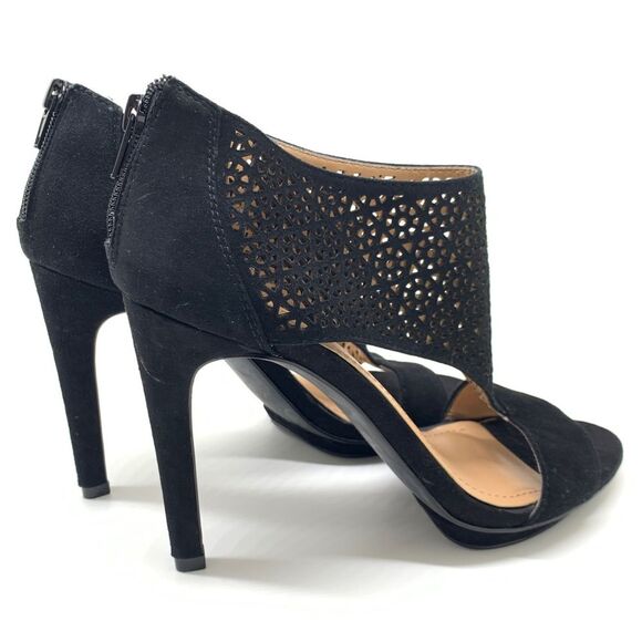 BCBGeneration Kadia Black Sz 7.5 Suede Lattice Stiletto Open Toe Zip Closure - Picture 3 of 13